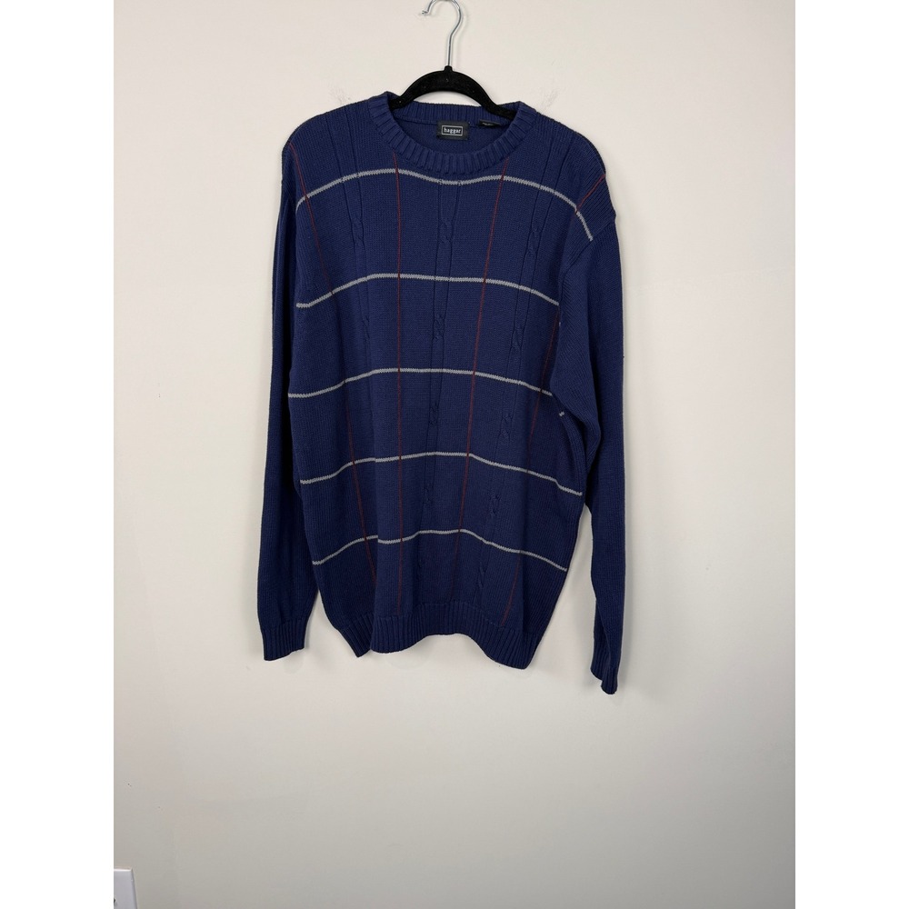 Y2K Haggar Blue Cable Knit Men's XL Windowpane Plaid Crewneck Sweater Vintage